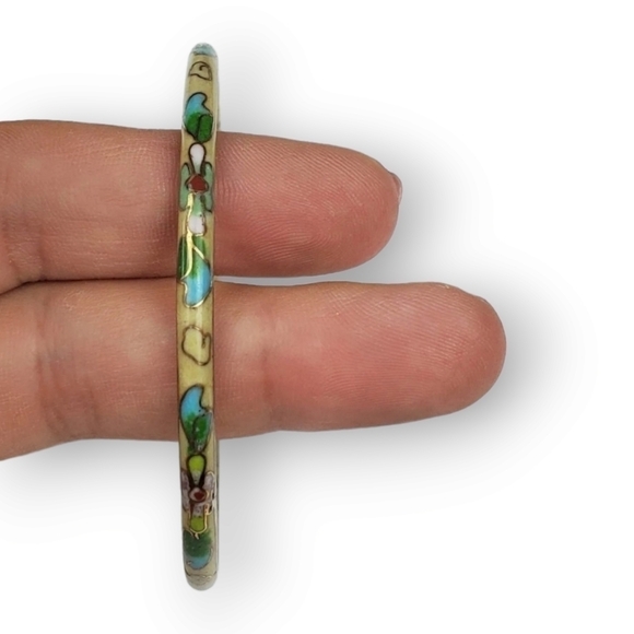 Vintage Cloisonne Bangle Bracelet Floral Cherry Blossom Multicolor Enamel Brass - Picture 6 of 6